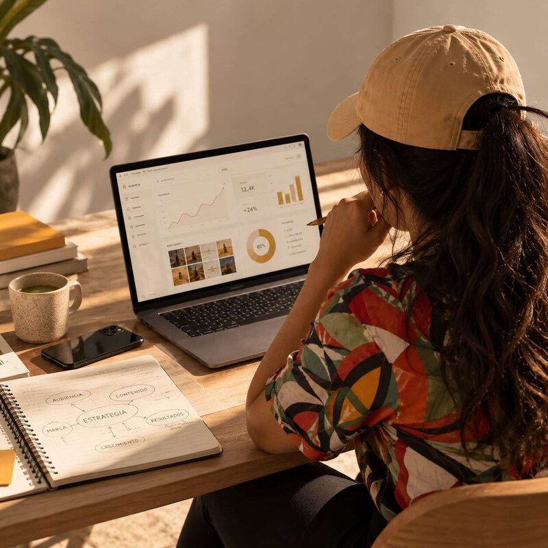 Panel de métricas de redes sociales en una laptop, junto a un cuaderno con un diagrama de estrategia.